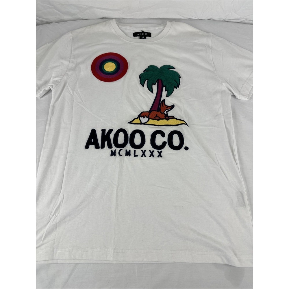 Akoo Men's Graphic T-Shirt White Palm Tree And Fax Embroidered  Logos Cotton M